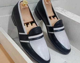 Mocassini in pelle fatti a mano, scarpe eleganti bianche e nere
