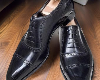 Handcrafted Black Leather Oxford Shoes, Italian Leather Sole, Cap Toe