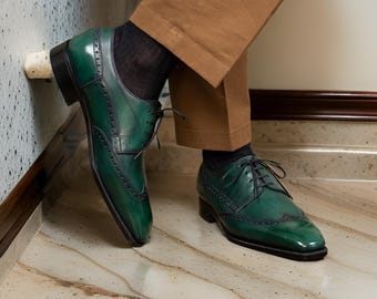 Handmade Green Leather Brogue Shoes, Custom Lace Up Dress Shoes