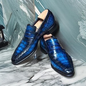 Handmade Crocodile Texture Leather Loafers, Formal Dress Shoes