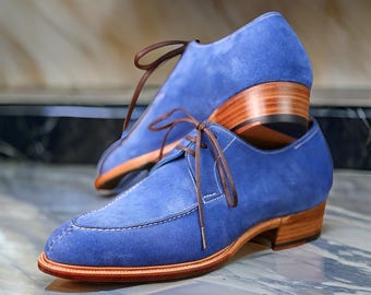 Handmade Blue Split Toe Leather Shoes, Italian Lace Up Oxfords