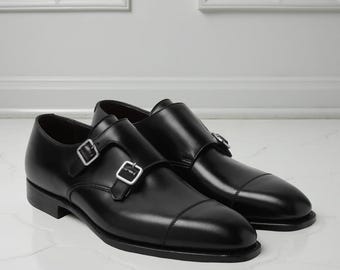 Men’s Handmade Black Leather Double Monk Strap Cap Toe Dress Shoes