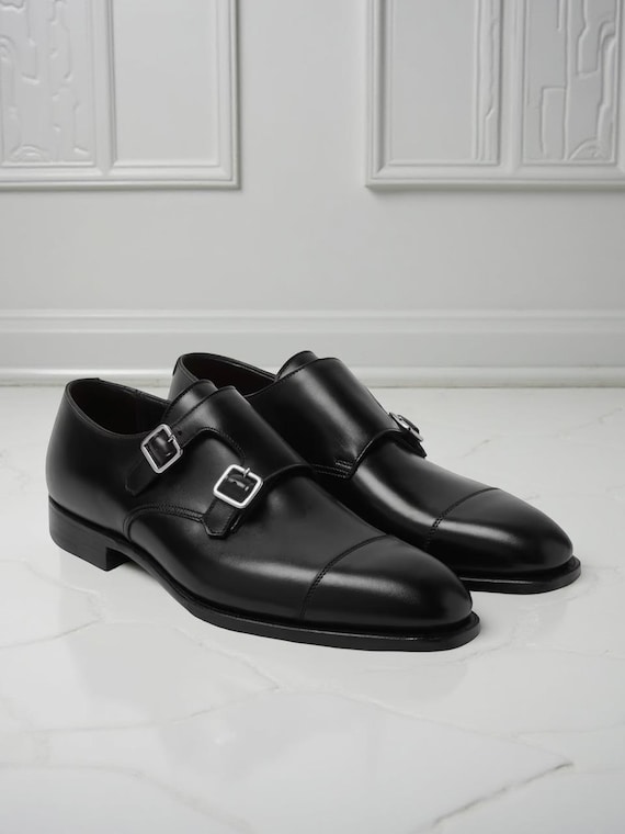 Men's Handmade Black Leather Double Monk Strap Cap Toe Dress Shoes Men's Handmade Black Leather Double Monk Strap Cap Toe Dress Shoes