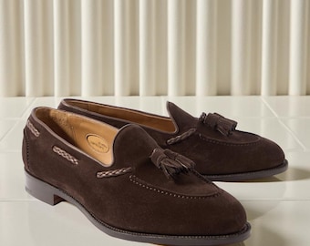 Men’s Handmade Dark Brown Suede Tassel Loafers Elegant Slip-On Dress Shoes