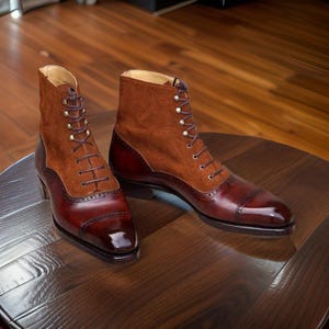 Customised Handmade Leather two tone lace up long Boots, Leather sole shoes, formal office, wedding, party dress leather casual boots men