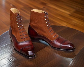 Handmade Two Tone Leather Boots, Lace Up, Formal Dress, Customizable