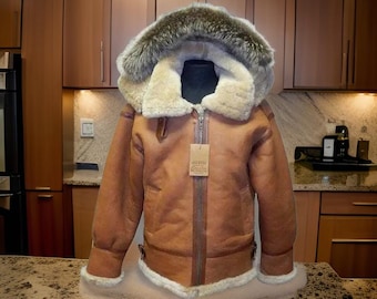 Hand Stitched Shearling Leather Bomber Jacket: RAF Aviator Style