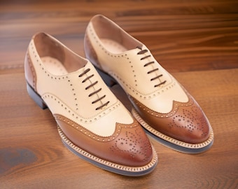Zapatos brogue de piel bicolor hechos a mano, suela de piel italiana