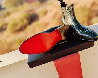 Handmade Crocodile Plated Leather Chelsea Boots, Leather Sole
