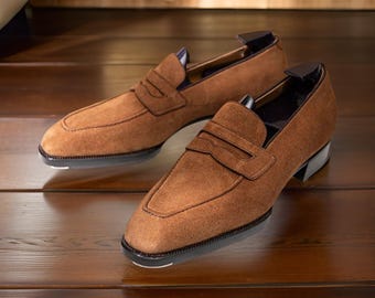 Handmade Suede Leather Loafers, Leather Sole, Formal Dress Shoes
