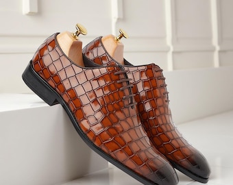 Men's Handmade Brown Crocodile-Embossed Leather Oxford Shoes