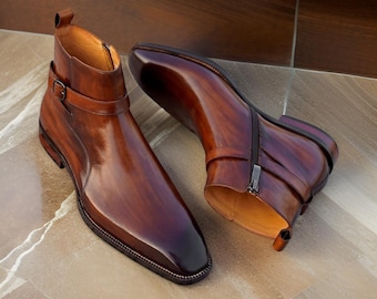 Handmade Leather Chelsea Buckle Boots, Side Zipper, Formal Dress Shoes
