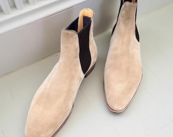 Men’s Handmade Beige Suede Chelsea Boots Slim Profile Ankle Boots