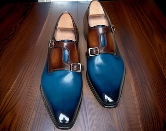 Handmade Italian Leather Double Monk Strap Shoes, Bespoke Dress Shoes