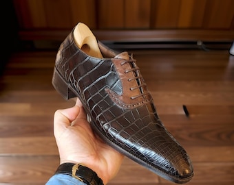 Men's Crocodile Embossed Leather Oxford Shoes, Italian Leather Sole