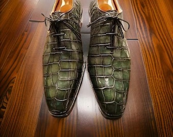 Handmade Alligator Embossed Leather Oxford Shoes, Whole Cut Lace-Up