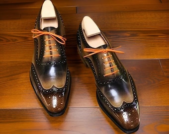 Handmade Two Tone Leather Oxford Shoes, Cap Toe Lace Up