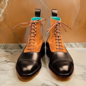 Custom Handmade Leather two tone lace up long Boots, Leather sole shoes, formal office, wedding, party dress two tone leather shoes men