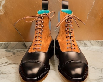Handmade Two Tone Leather Boots, Lace Up, Leather Sole