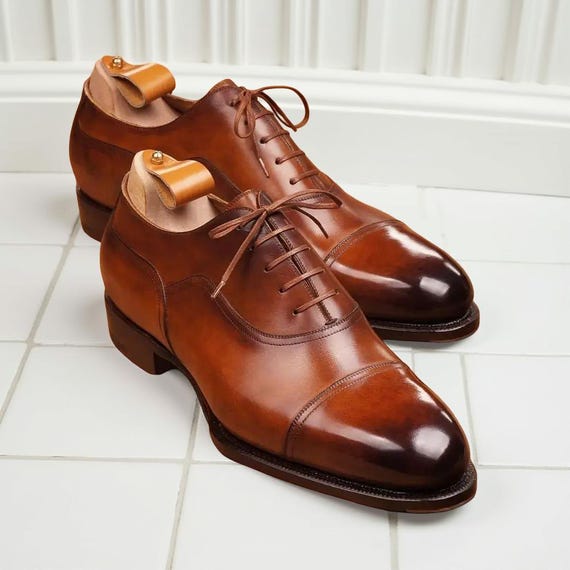 Men’s Brown Leather Oxford Cap Toe Dress Shoes Handmade Formal Shoes