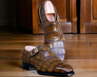 Handmade Embossed Crocodile Leather Monk Strap Shoes, Leather Sole