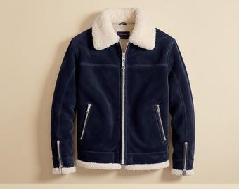 Chaqueta parka de ante y borrego azul marino para hombre, abrigo de invierno de piel de ante auténtica