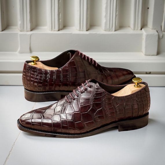 Men’s Crocodile Embossed Wholecut Oxford Dress Shoes  Brown Leather Formal Shoes