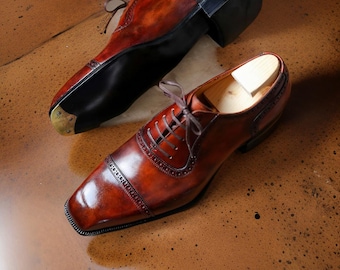 Zapatos Oxford de piel italiana hechos a mano, zapatos de vestir de punta cuadrada