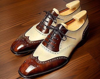 Handmade Two Tone Leather Brogue Shoes, Italian Leather Sole