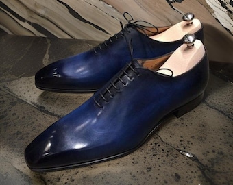 Handmade Blue Leather Oxford Shoes, Italian Lace Up, Formal Dress