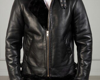 Men’s Black Shearling Bomber Jacket Genuine Sheepskin Leather Jacket