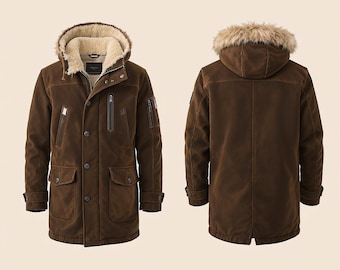 May include: A brown winter parka with a faux fur-lined hood and a fleece interior. The jacket has multiple pockets, a button and zipper closure, and a fur-trimmed hood. The image shows the front and back of the coat.