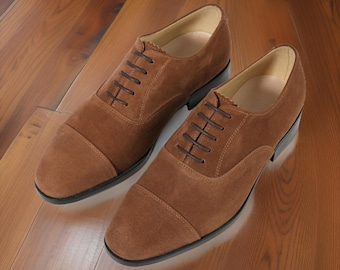 Handmade Suede Leather Cap Toe Derby Shoes, Leather Sole