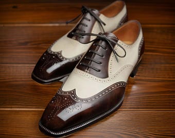 Handmade Two-Tone Leather Brogue Shoes, Italian Formal Office Wedding Dress Shoes