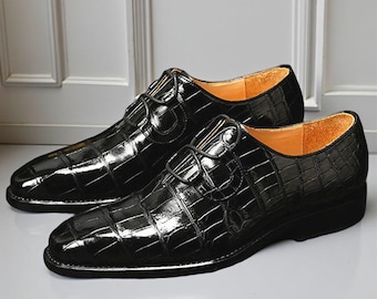Black Crocodile Embossed Leather oxford Dress Shoes for Men