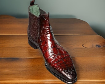 Handmade Embossed Crocodile Leather Chelsea Boots, Leather Sole