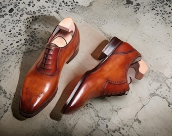 Handmade Leather Oxford Shoes, Brown Whole Cut Dress Shoes
