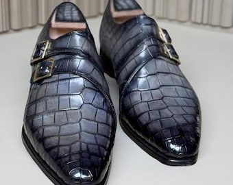 Men’s Grey Crocodile Embossed Double Monk Strap Shoes Handmade Leather Dress Shoes