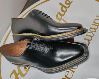 Zapatos Oxford de piel negra hechos a mano, con construcción Goodyear Welt, zapatos de vestir personalizados