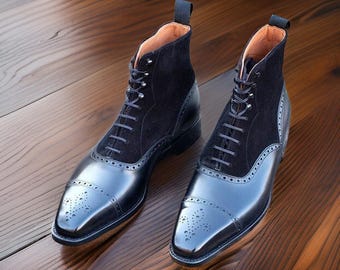 Handmade Black Leather Lace-Up Boots, Leather Sole, Ankle High