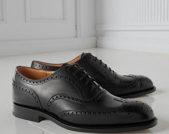 Men’s Handmade Black Leather Oxford Wingtip Brogue Formal Dress Shoes