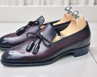 Mocasines de cuero burdeos con borlas para hombre, zapatos de vestir hechos a mano con lazo y borlas