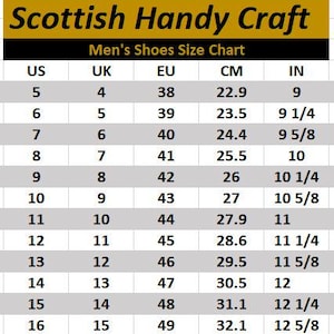 May include: A shoe size chart with the text "Scottish Handy Craft" at the top. The chart lists US, UK, EU, CM, and IN sizes, with corresponding measurements. Sizes range from US 5 (9 inches, 22.9 cm) to US 16 (12 5/8 inches, 32.1 cm).