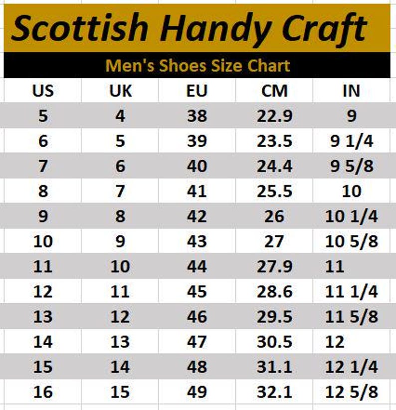 May include: A shoe size chart with the text "Scottish Handy Craft" at the top. The chart lists US, UK, EU, CM, and IN sizes, with corresponding measurements. Sizes range from US 5 (9 inches, 22.9 cm) to US 16 (12 5/8 inches, 32.1 cm).