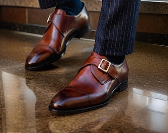 Handmade Leather Single Monk Strap Shoes, Scottish Design