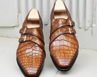 Herren Braun Krokodil Geprägte Doppel Monk Strap Schuhe Handgemachte Lederkleid Schuhe