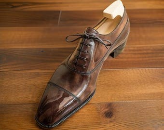 Men's Handmade Leather Oxford Cap Toe Shoes, Brown Leather Sole