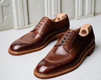 Men’s Brown Leather Apron Toe Derby Shoes  Handmade Split Toe Dress Shoes