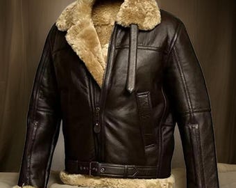 Handcrafted RAF Aviator B3 Bomber Leather Jacket, Shearling Faux Fur Lined