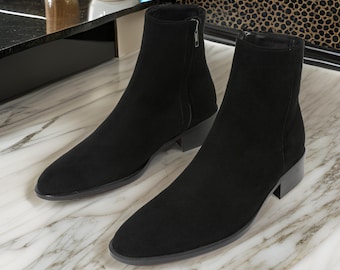 Handmade Suede Leather Chelsea Boots, Zipper, Formal Dress Shoes
